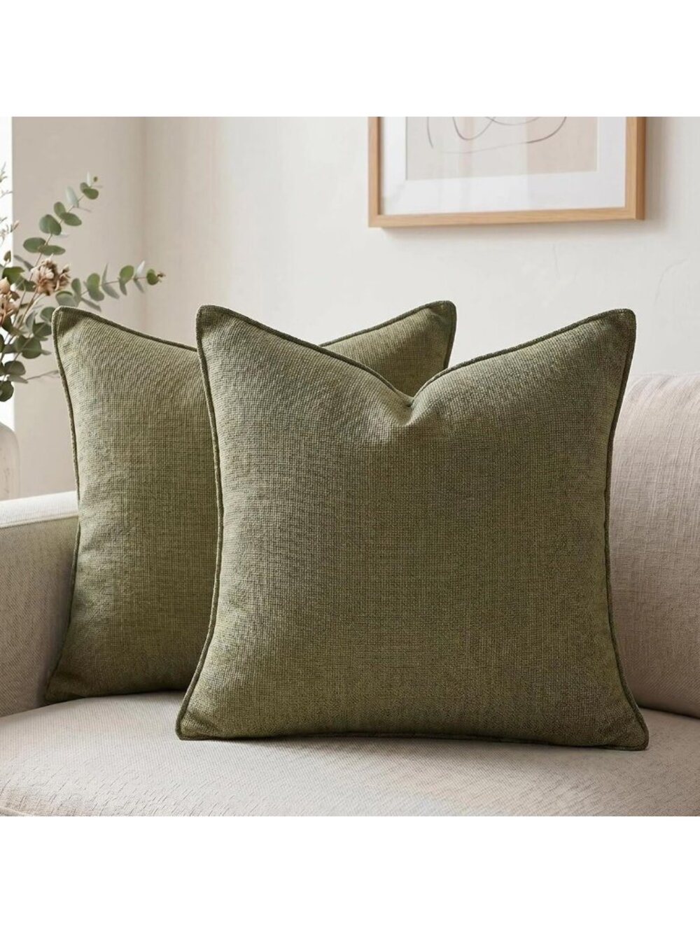 Set of 2 Olive Green 18x18 Soft Chenille Throw Pillow Covers, Modern Boho Decor